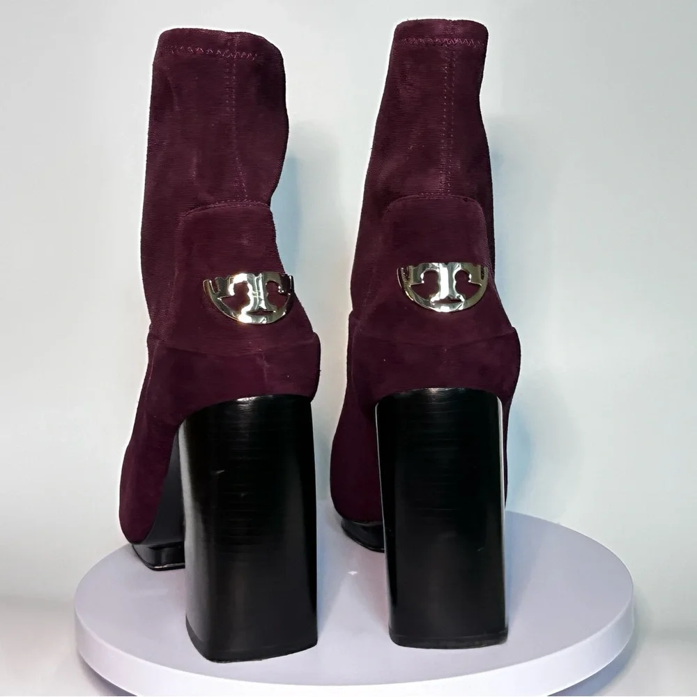 Tory Burch Suede Platform Block Heel Ankle Boots Burgundy Size 8 EUC